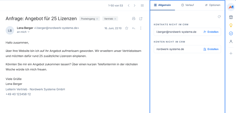 Contact and account view in the mail plugin sidebar