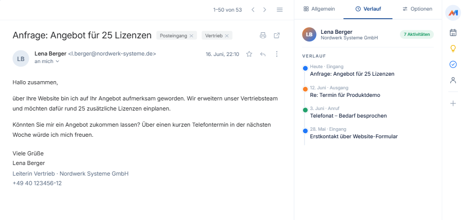 Activity timeline in the mail plugin sidebar